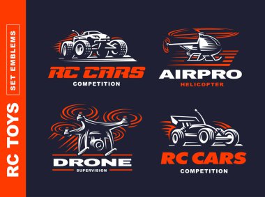RC oyuncaklar taşıma logo koymak - vektör çizim, siyah arka plan üzerinde amblemi