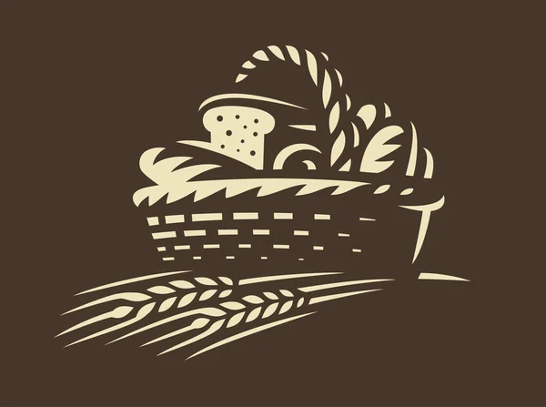 Brood mandje icon - vectorillustratie. Bakkerij embleem op donkere achtergrond — Stockvector