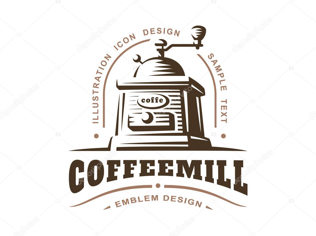 Coffee grinder logo - vector illustration, emblem on white background