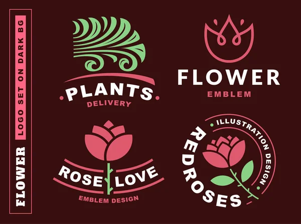 Set flowers logo - vector illustration, emblem on dark red background — Stock Vector