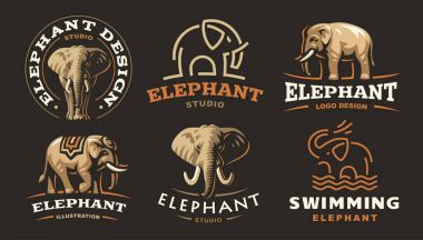 Set elephant logo - vector illustration, emblem on dark background clipart