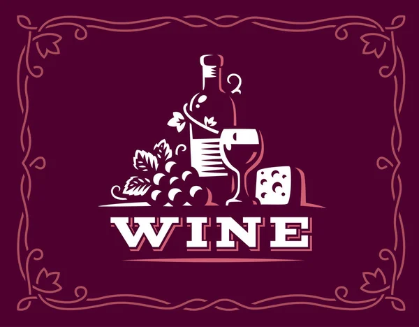 Şişe şarap ve üzüm logo - vektör çizim, Bordo renkli arka plan üzerinde amblemi — Stok Vektör