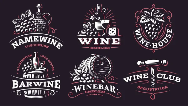 Wine set logo - vector illustrations, emblems on dark background — Stock Vector