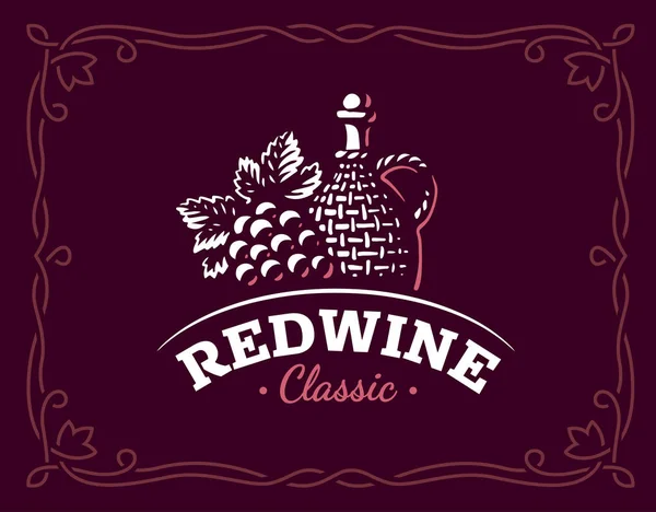 Fles wijn en druiven logo - vectorillustratie, embleem op de kastanjebruine kleur achtergrond — Stockvector