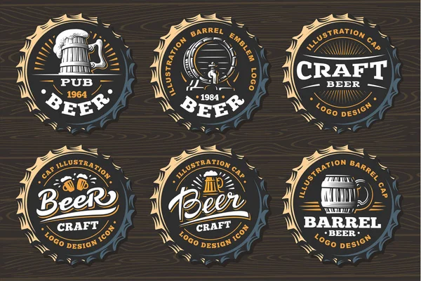 Установка логотипа пива на колпачках - векторная иллюстрация, дизайн эмблемы пивоварни — стоковый вектор