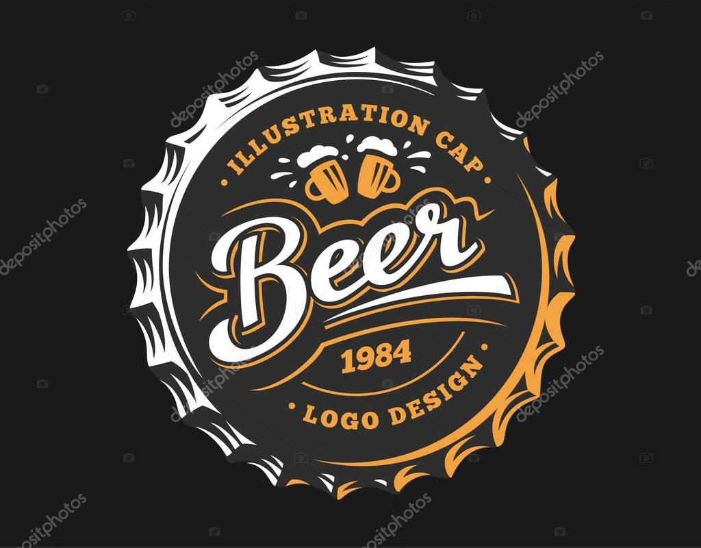 Mug beer logo on cap - vector illustration, emblem brewery design on dark background