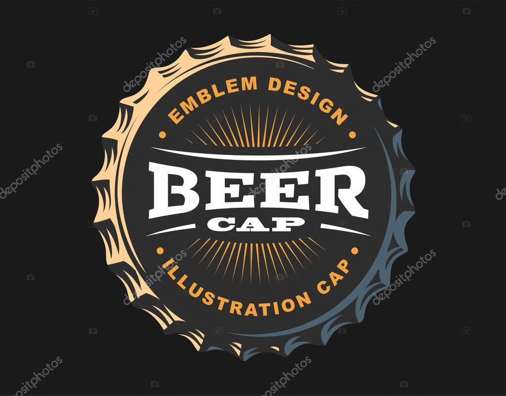 Beer logo on cap - vector illustration, emblem brewery design on dark background