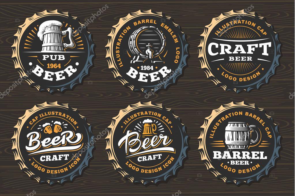 Set beer logo on caps - vector illustration, emblem brewery design on black background
