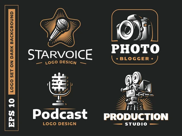 Conjunto foto, vdeo, logotipo de áudio - ilustração vetorial, emblema no fundo preto — Vetor de Stock