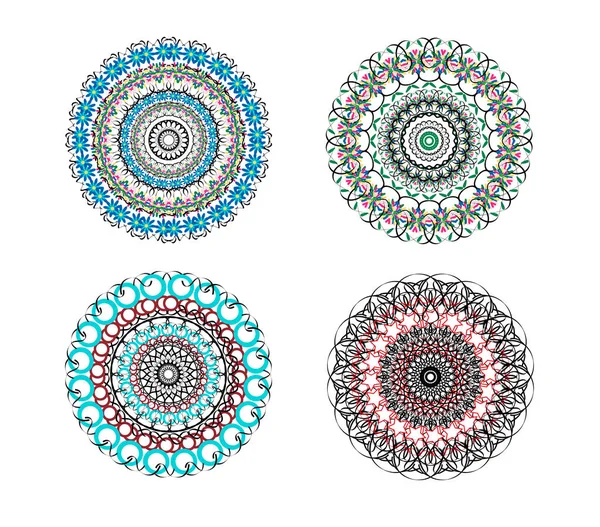 Ensemble de 4 ornements ronds dans le style de mandalas. À la mexicaine. Carte de couleur ornement — Image vectorielle