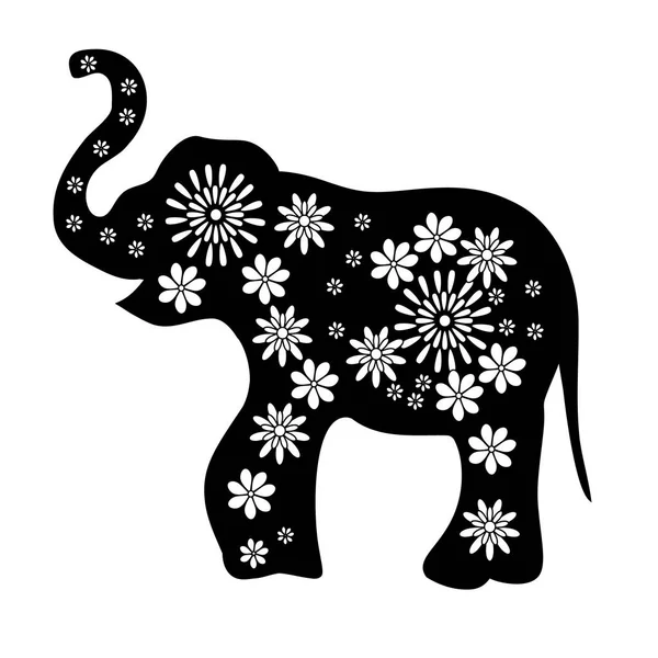 Bir filin beyaz çiçeklerle siyah çizim anahat — Stok Vektör