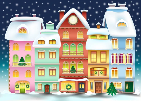 Noel şehir illüstrasyon. Kış manzara masal evleriyle