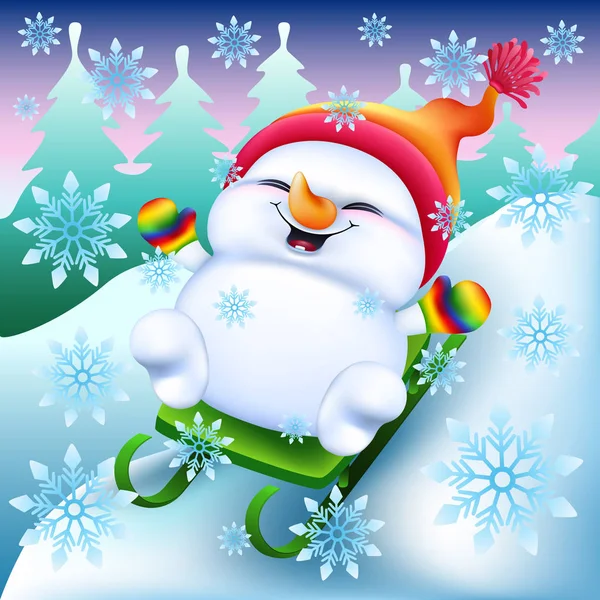 雪人在雪橇彩虹手套 — 图库矢量图片