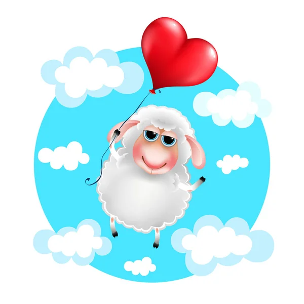 komik karikatür koyun aşık bir kalp balon ile uçuyor