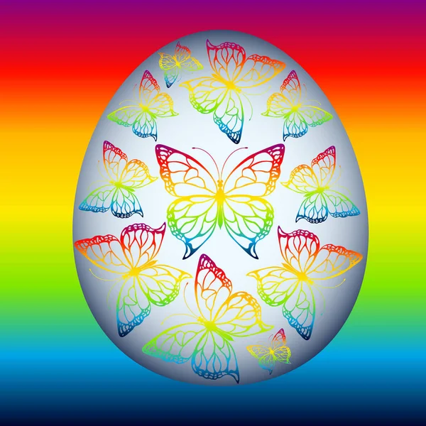 Яйцо с бабочками радужного цвета на радужном фоне — стоковый вектор