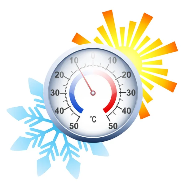 Termômetro redondo com sol e floco de neve —  Vetores de Stock