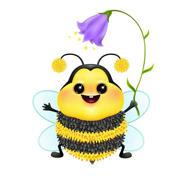 귀여운 감정적인 만화 꽃과 꿀벌 — 스톡 벡터