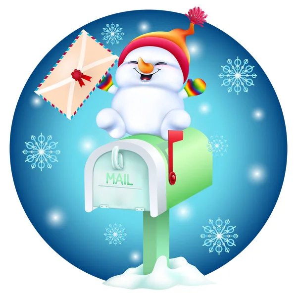 Bonhomme de neige dessin animé mignon avec carte postale — Image vectorielle