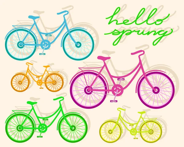 Conjunto Bicicletas Coloridas Com Sombras Texto Sobre Fundo Bege — Vetor de Stock