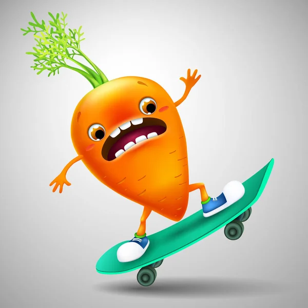 komik duygusal karikatür havuç kaykay üzerinde. sağlıklı gıda