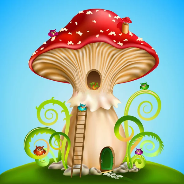 Sihirli mantar. Mavi arka planda baykuşlar olan kırmızı mantarlı peri evi. vektör illüstrasyonu