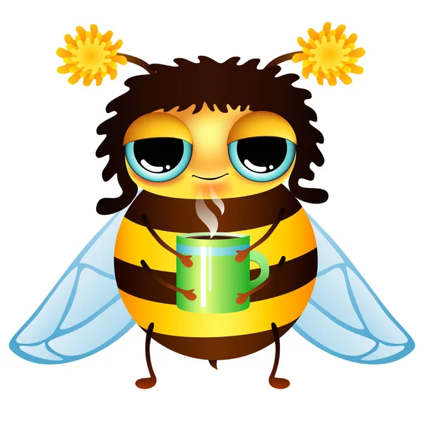 Beyaz arka planda kahve fincanı olan komik çizgi film bal arısı. vektör illüstrasyonu