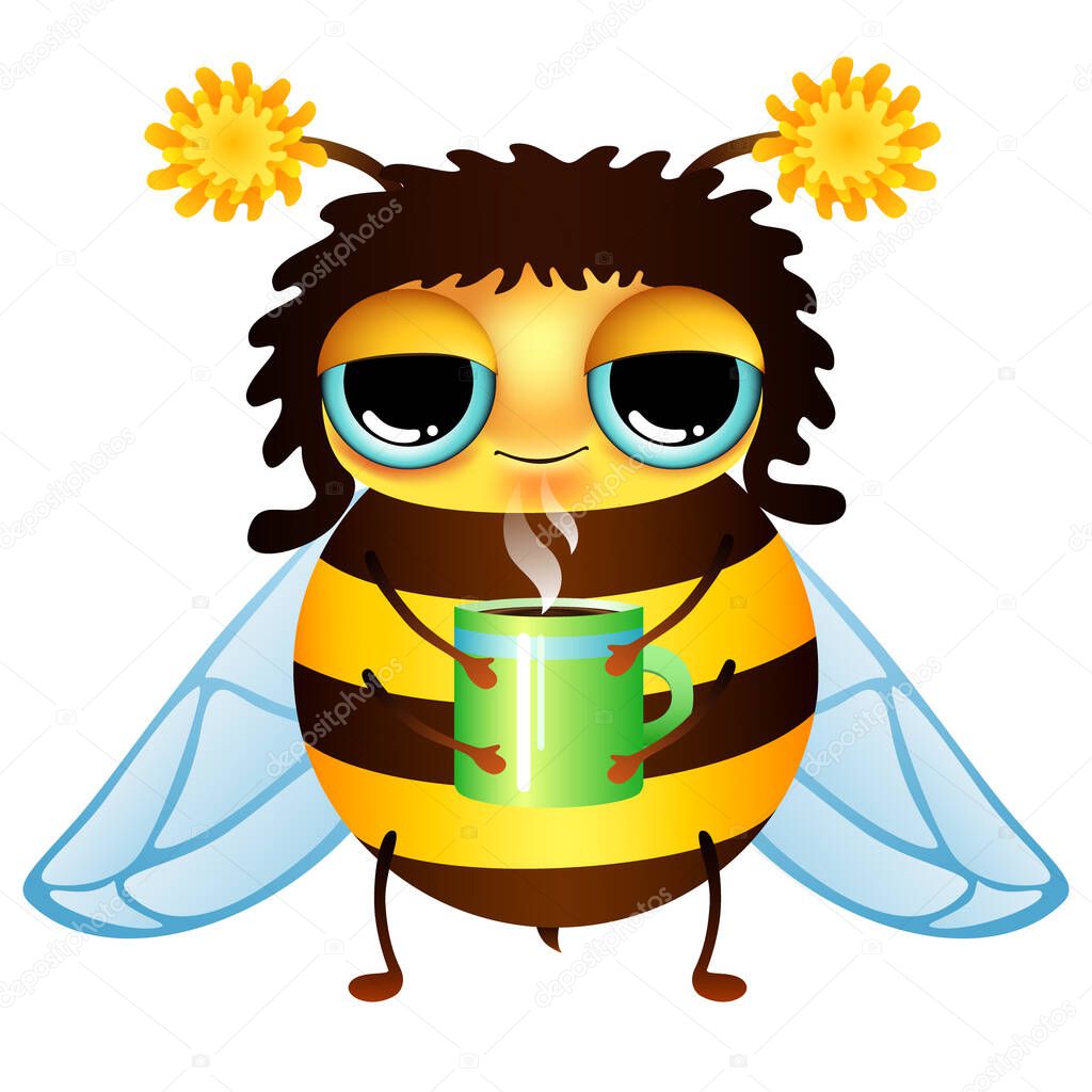 funny cartoon honey bee with coffee cup on white background. vector illustration