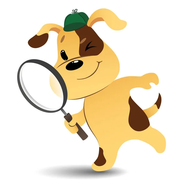 白を背景に虫眼鏡のアイテムを探している面白い漫画探偵犬 ベクターイラスト — ストックベクタ