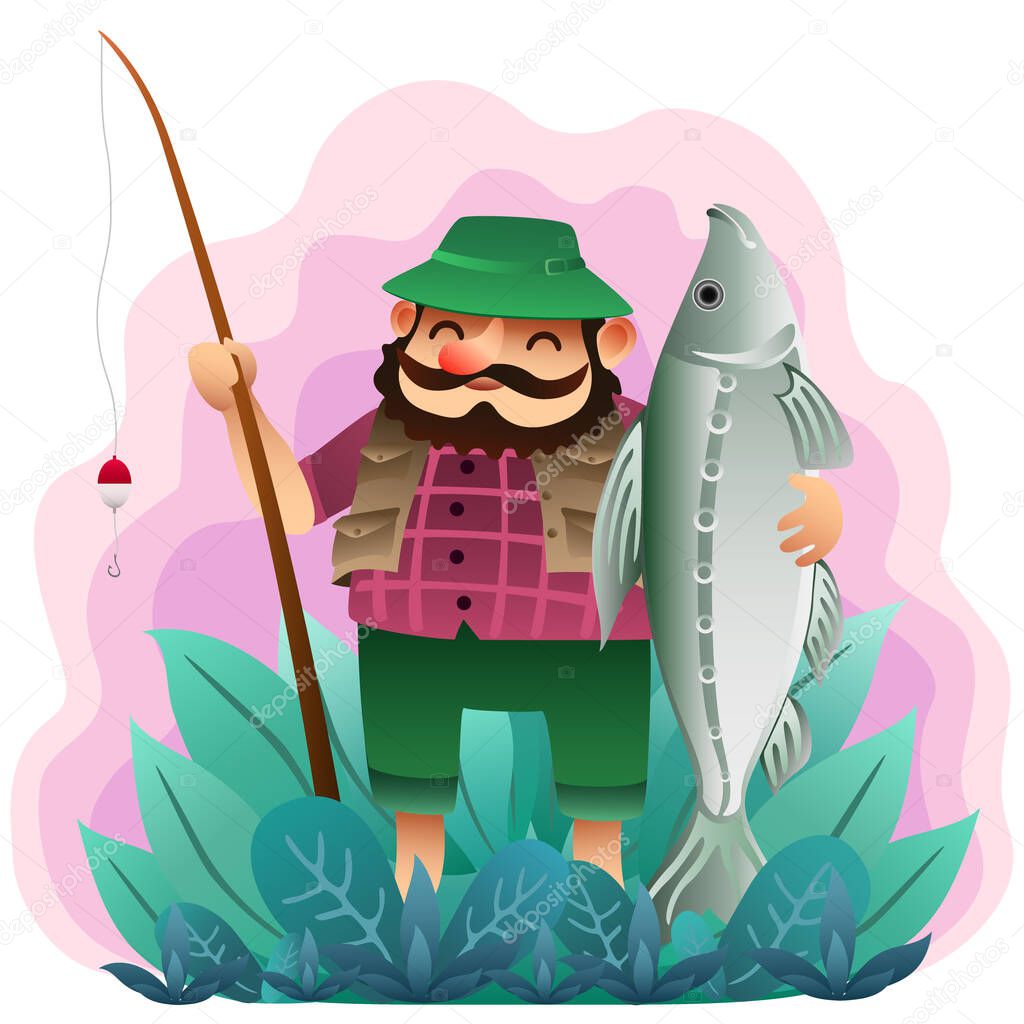 funny cartoon fisherman with very big fish on plant background. vector illustration.