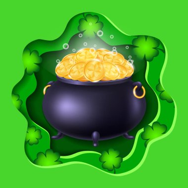 Leprikonlar, yeşil arka planda, yoncalı büyük bir altın kap.
