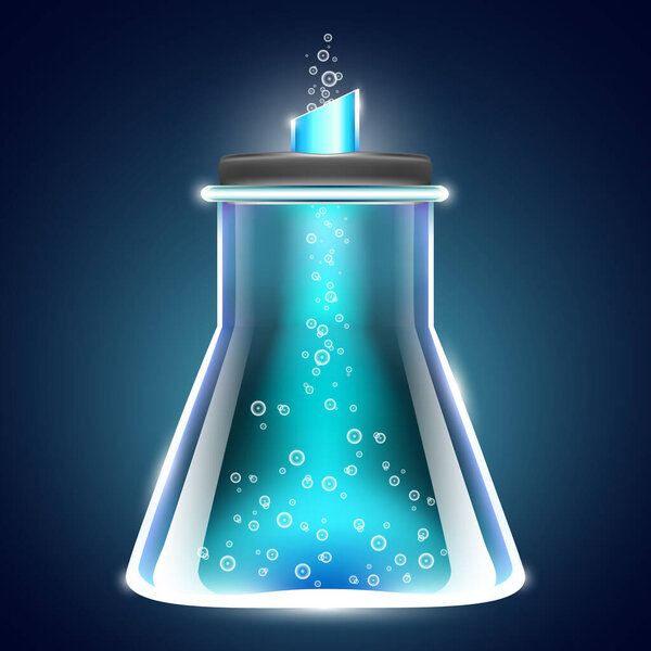стеклянная химическая колба с волшебной голубой жидкостью на темном фоне. векторная иллюстрация
.