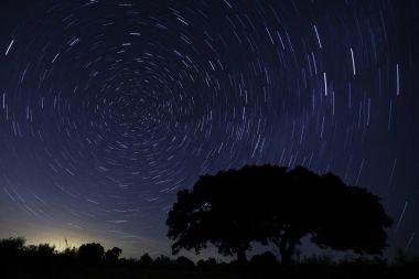 Kuzey açma. Yıldızlı gökyüzü bize işaretler Kuzey Kutup yıldızı döner yıldız tarafından yapılan yol ile.