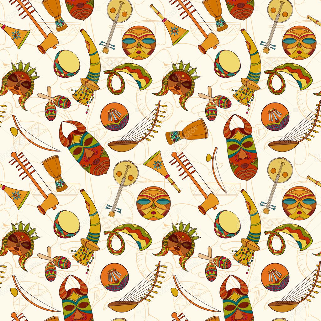 Hand-drawn seamless african music pattern.