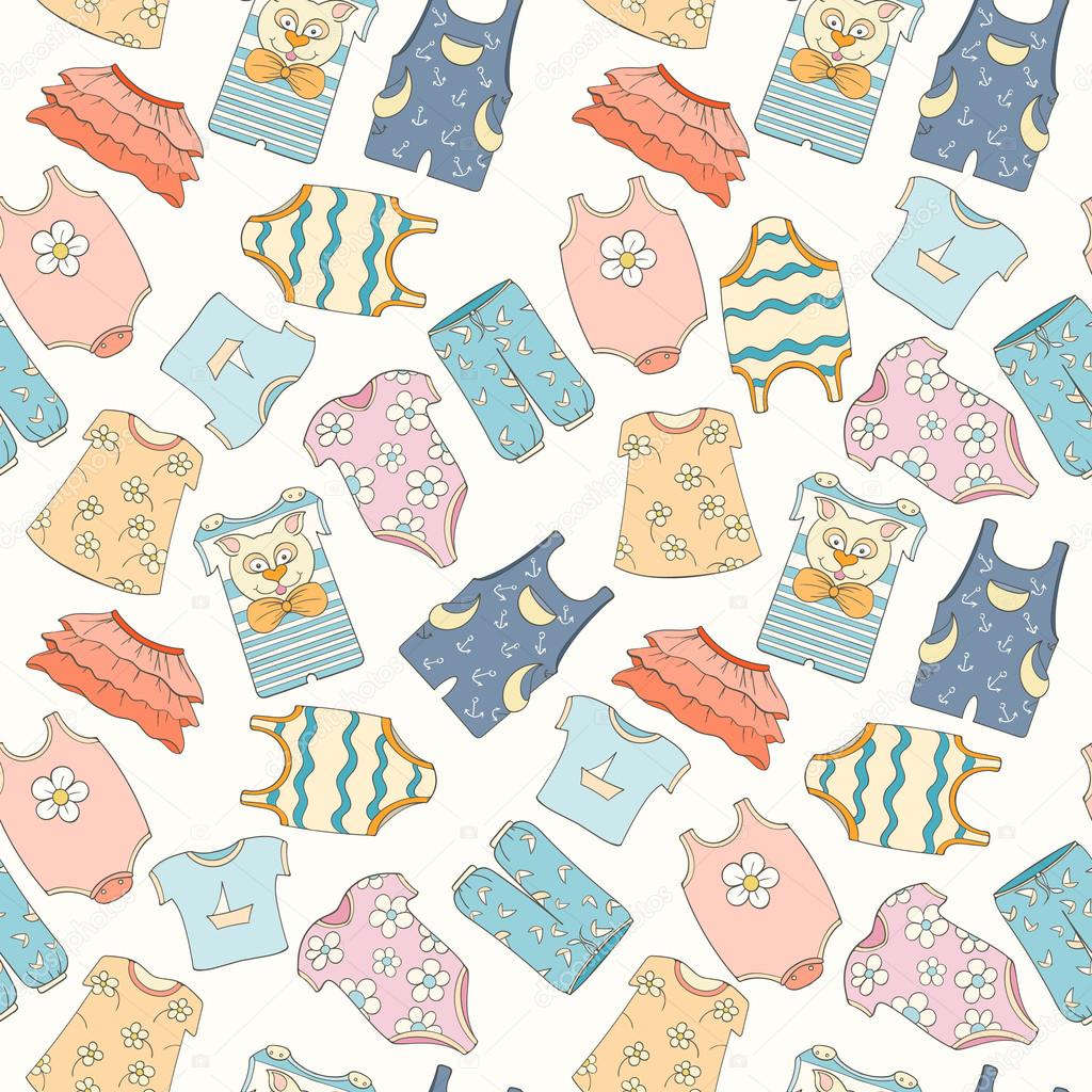 Hand-drawn seamless pattern of children cothes