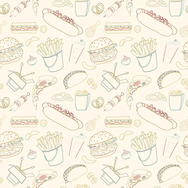Hand-drawn vector seamless fast food pattern — Stock Vector