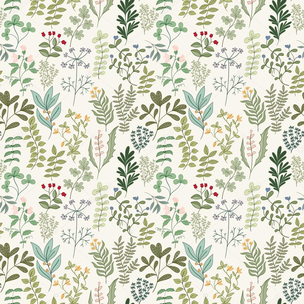 Seamless pattern of flowers, herbs and leaves