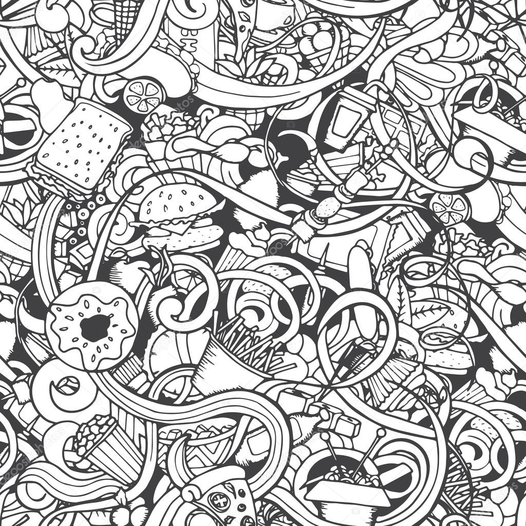 Hand-drawn vector seamless fast food pattern