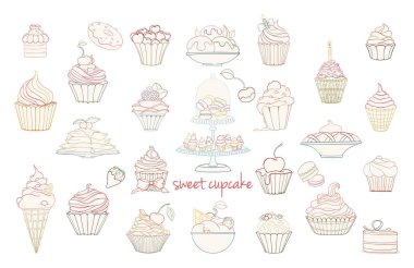 Elle çizilmiş doodle stil cupcakes kümesi