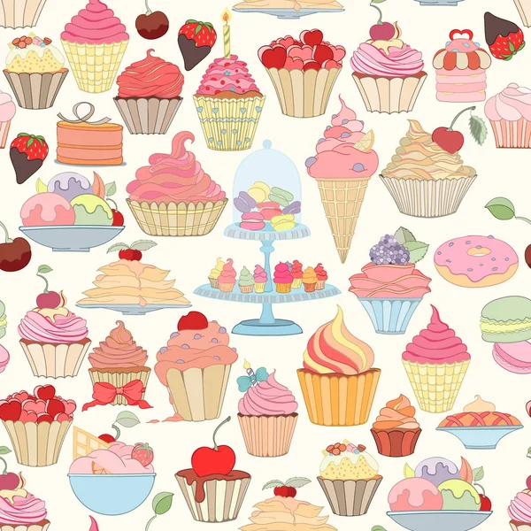 Hand-drawn vector seamless cupcake pattern — Stock Vector