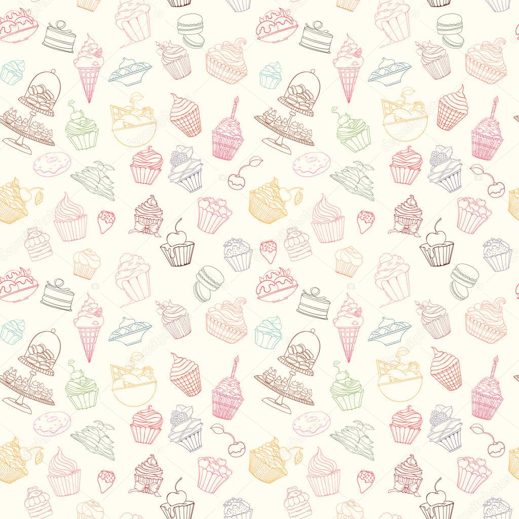 Hand-drawn vector seamless cupcake pattern