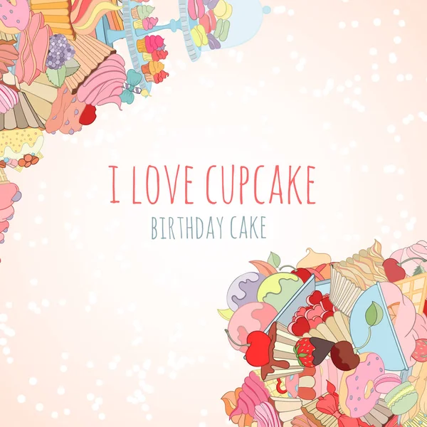 Sfondo disegnato a mano di cupcake in stile doodle — Vettoriale Stock