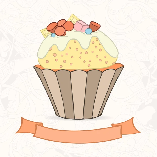 Hand drawn background of doodle style cupcakes — Stock Vector