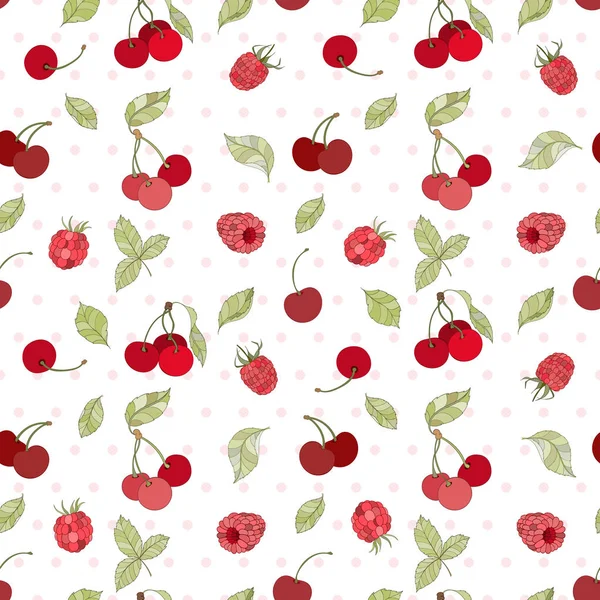 Colorful seamless pattern with raspberries and cherries — Stock Vector