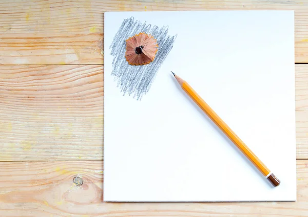 Beyaz kağıt üzerine kalem kalemtıraş talaşı. Okula dönüş