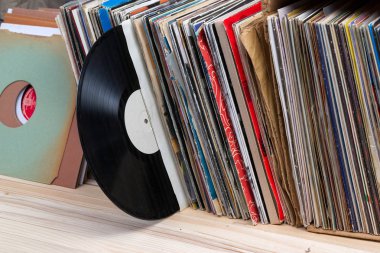 Vinil kayıtları toplama tarama. Müzik arka plan. Kopya alanı.