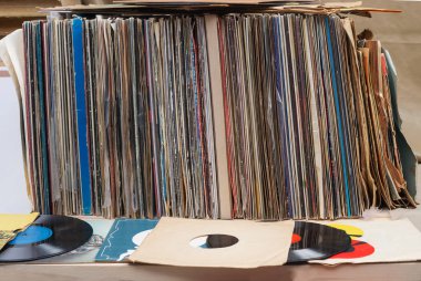 Vinil kayıtları toplama tarama. Müzik arka plan. Kopya alanı.