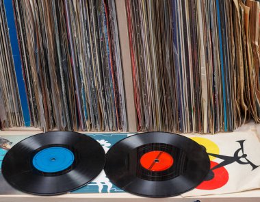 Vinil kayıtları toplama tarama. Müzik arka plan. Kopya alanı.