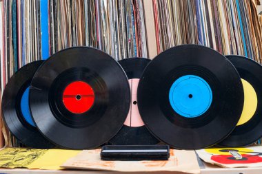 Vinil kayıtları toplama tarama. Müzik arka plan. Uzay kopyalayın. Retro tarz resim