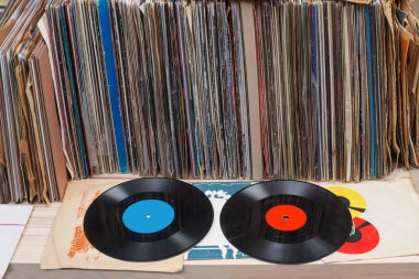 Vinil kayıtları toplama tarama. Müzik arka plan. Kopya alanı.