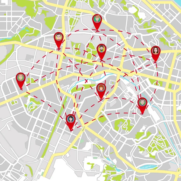 Sociaal netwerk op de kaart. Plan van de stad. Gemeentelijke sociale netwerk — Stockvector